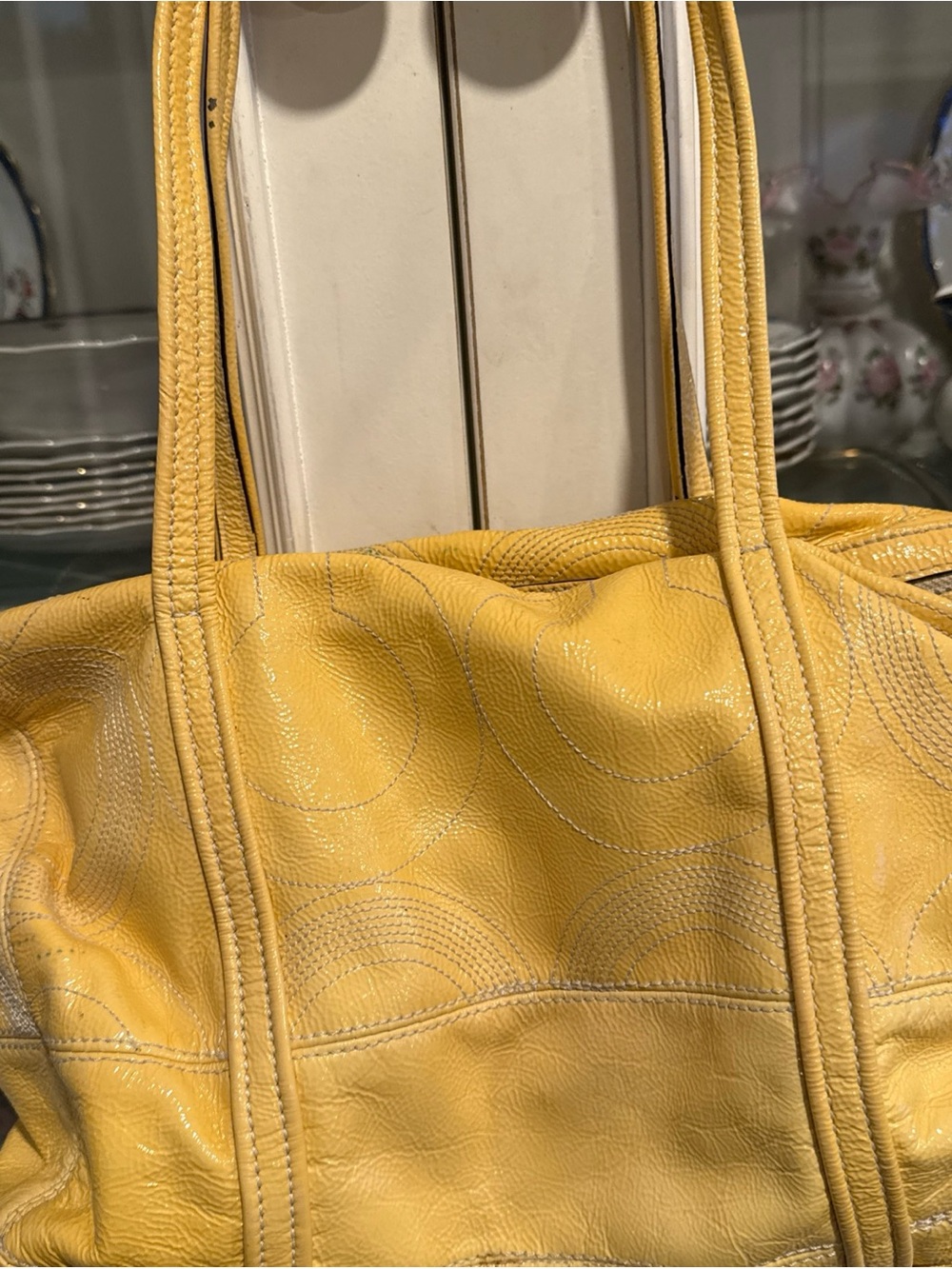 Coach Vintage Stitched Yellow Patent Leather Shoulder Purse - Picture 5 of 10